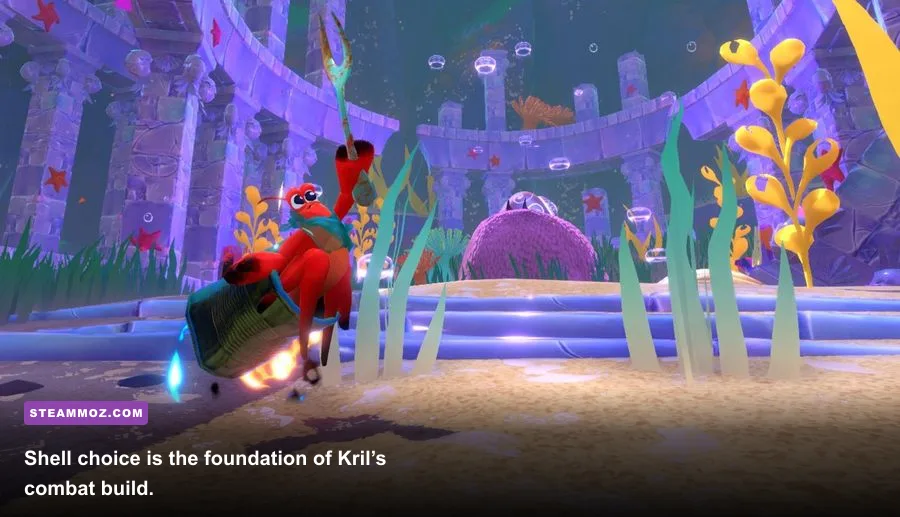 Kril fighting an underwater enemy while wearing a shell in Another Crab's Treasure