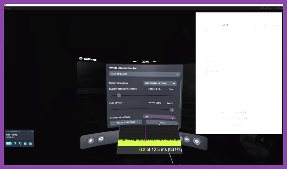 SteamVR performance settings dashboard for frame rate optimization