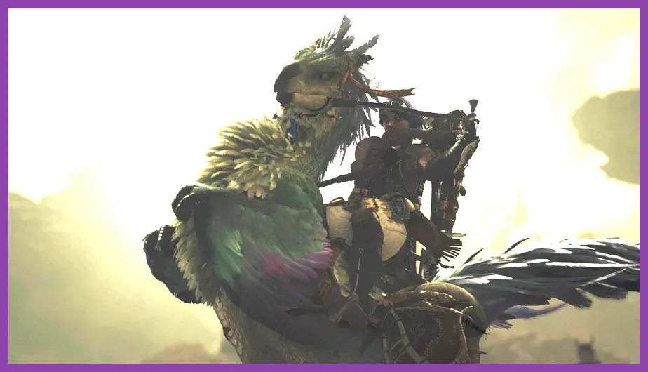 Riding a Seikret mount across the dynamic zones of Monster Hunter Wilds