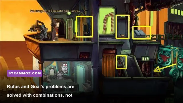 Rufus and Goal during a Deponia Doomsday puzzle scene