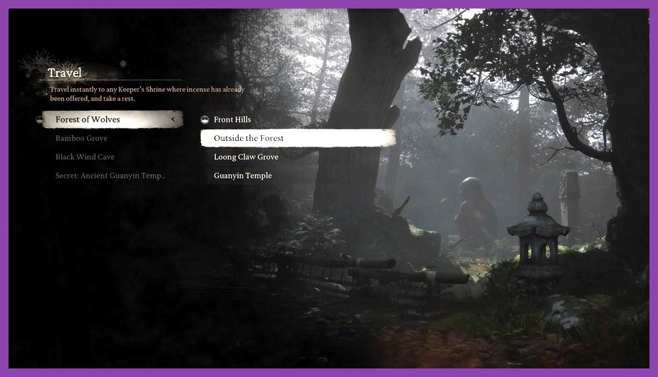 Keeper's Shrine rest menu in Black Myth Wukong
