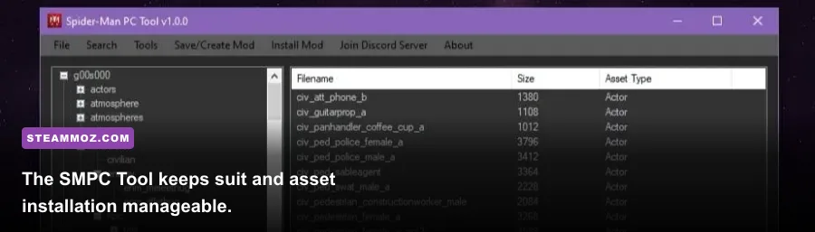 SMPC Modding Tool interface for installing Marvel's Spider-Man Remastered PC mods
