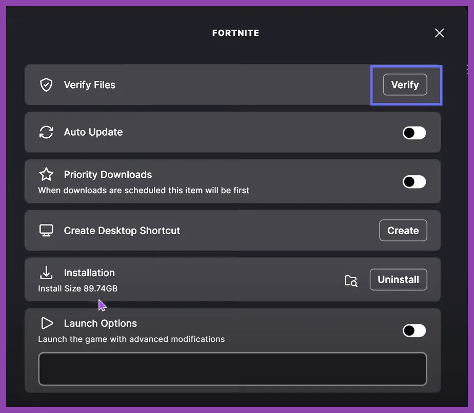 Verifying game installation files in Epic Games Launcher