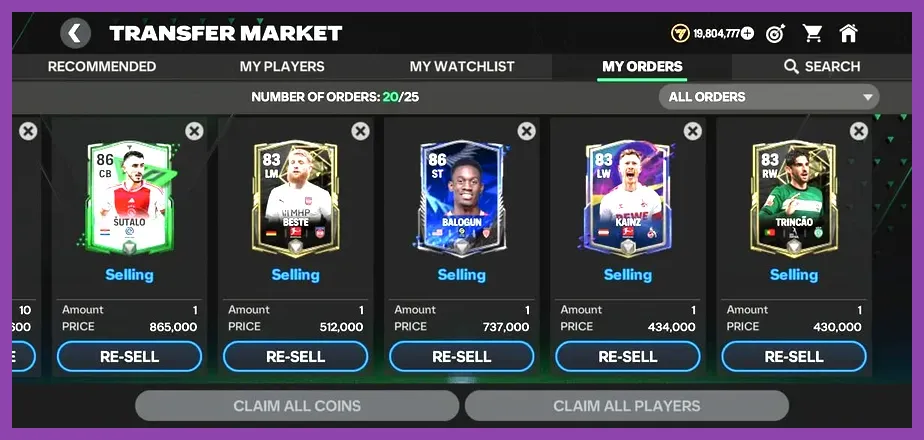 FC Mobile 26 transfer market interface displaying high OVR legendary player bids