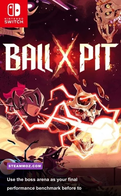 BALL x PIT boss encounter in a crowded pixel-art arena with projectiles and enemy effects