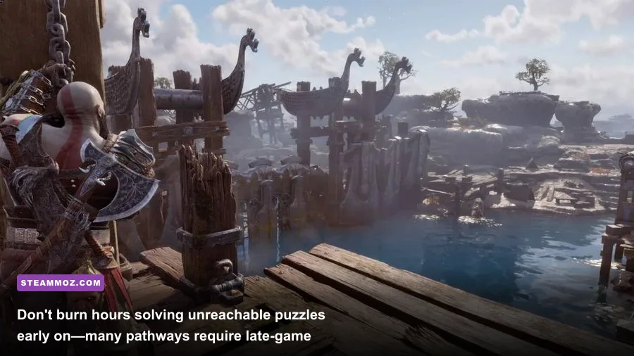 Kratos rowing a boat through the wetlands of Svartalfheim past a geyser puzzle in God of War Ragnarok