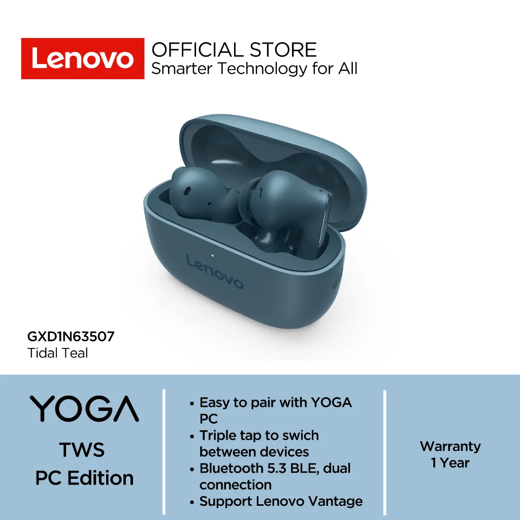 Lenovo TWS Yoga PC Edition Wireless Bluetooth 5.3 Noise Cancellation Waterproof IPX4 USB-C to USB-A Charging Cable Garansi Resmi 1 Tahun GXD1N63507 Tidal Teal