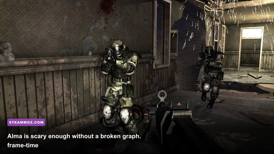 Alma Wade appearing in a hallway during F.E.A.R. Platinum gameplay