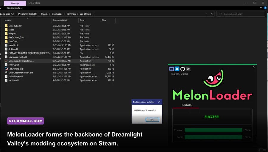 MelonLoader setup and game files directory structure on PC