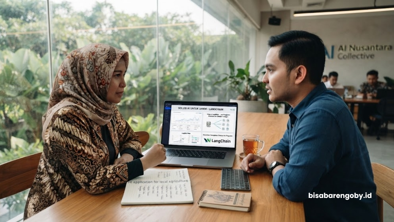 Pemilik bisnis berkonsultasi mengenai jasa AI untuk UMKM di Jakarta berbasis LangChain