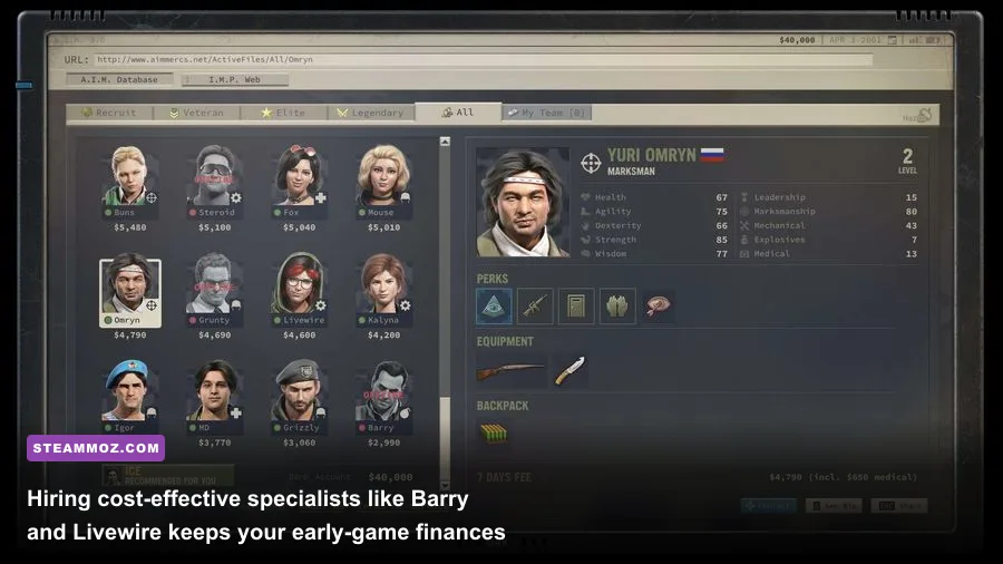 Jagged Alliance 3 AIM mercenary hiring screen with stats