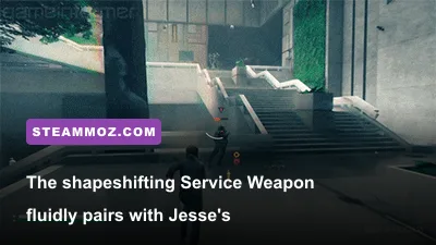 Jesse Faden aiming the Service Weapon in Pierce form amidst swirling concrete rubble