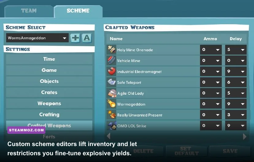 The custom weapon selection panel in Worms Reloaded showing super weapons