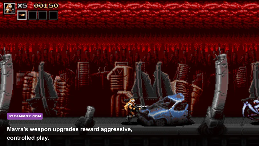 Mavra using a powered-up weapon in Blazing Chrome