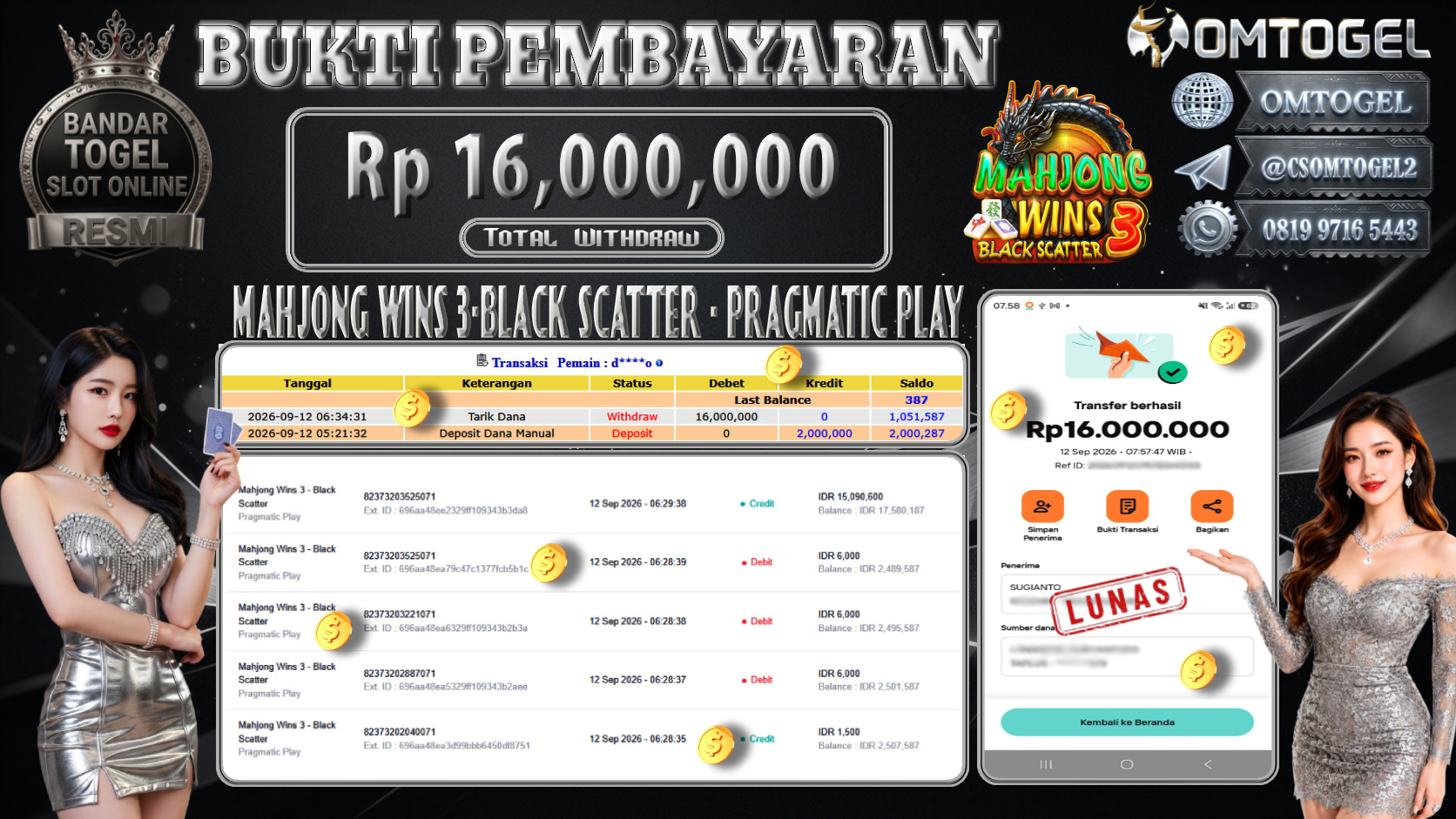 OMTOGEL JACKPOT PRAGMATIC PLAY MAHJONG WINS 3 BLACK SCATTER Rp.16,000,000,- DIBAYAR LUNAS