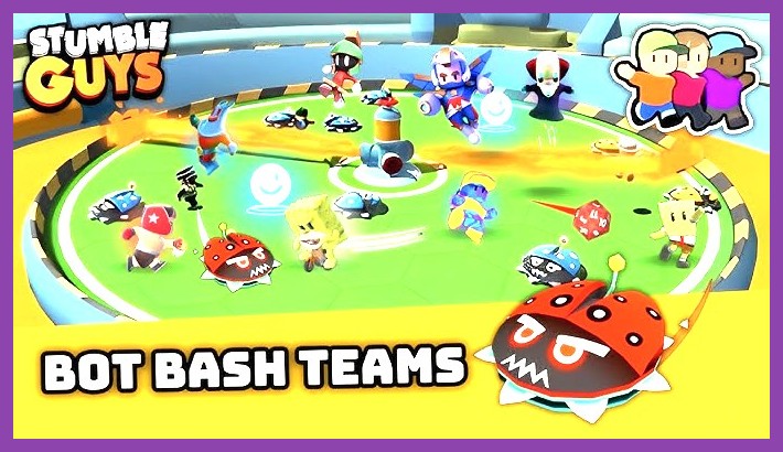Stumble Guys players dodging bouncy robots and water jets in Bot Bash
