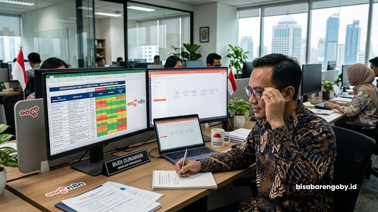 Manajer pengadaan membandingkan paket AI Forecasting untuk perusahaan di Indonesia berbasis n8n
