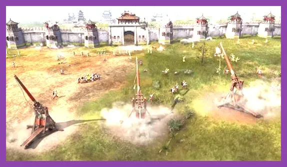 Siege weapons destroying fortifications in Age of Empires 4