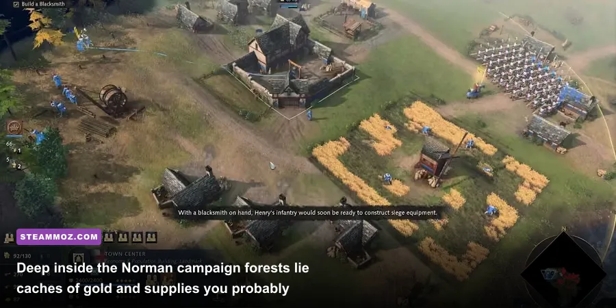 Age of Empires 4 campaign map showing a hidden forest clearing with a treasure chest