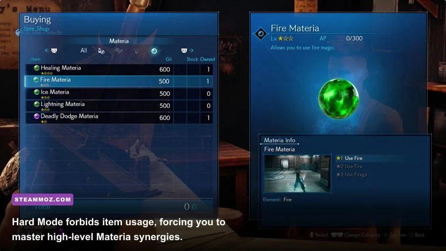 Materia equipment and synergy slots menu in Final Fantasy 7 Remake