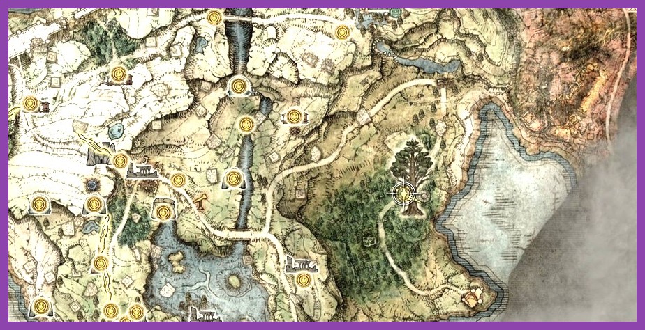 In-game map menu showing Sites of Grace and markers in Elden Ring