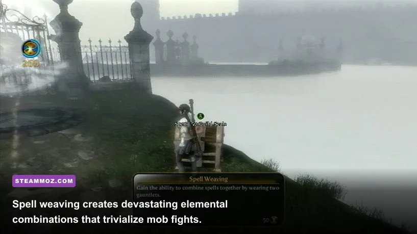 Hero casting a dual-woven Vortex and Fireball spell against mercenaries