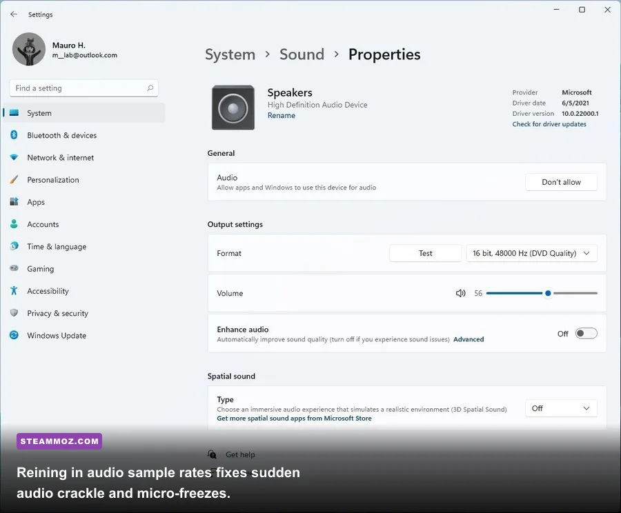 Windows audio device properties panel set to 48000 Hz studio quality