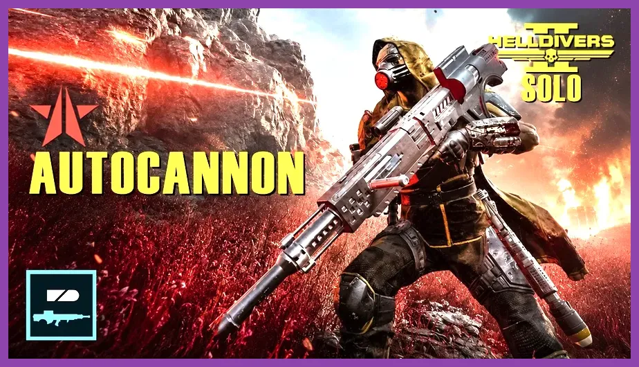 Player firing the AC-8 Autocannon into a swarm of Terminid Bugs