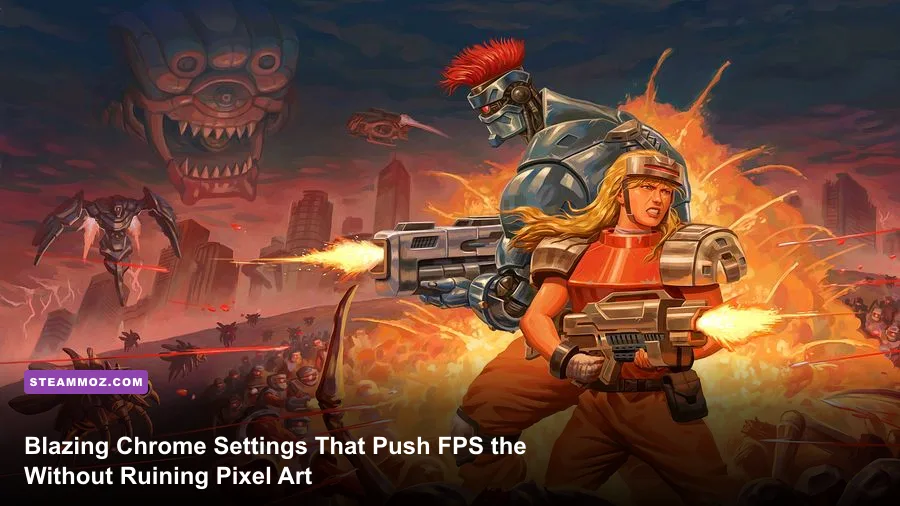 Blazing Chrome gameplay in a jungle stage with pixel-art soldiers and explosions