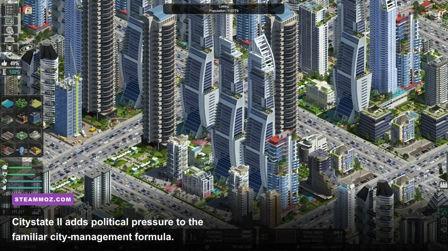 Citystate II city-building gameplay showing urban infrastructure and political management