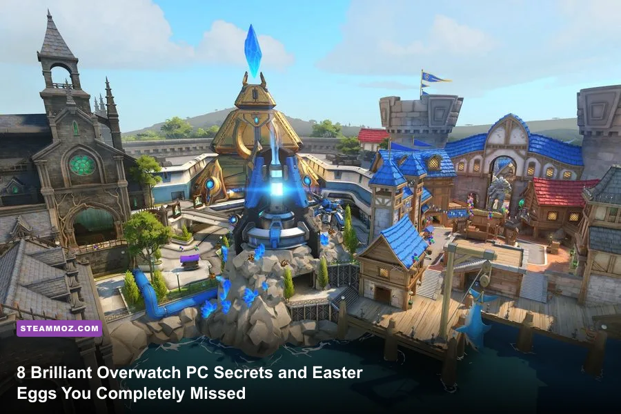 Overwatch heroes standing in front of detailed map secrets on PC