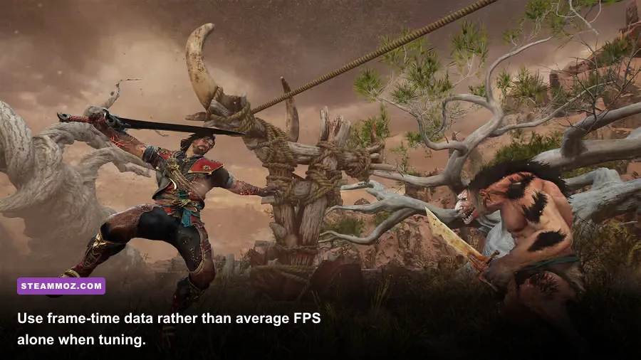 Blades of Fire running on PC with an FPS and frame-time performance overlay