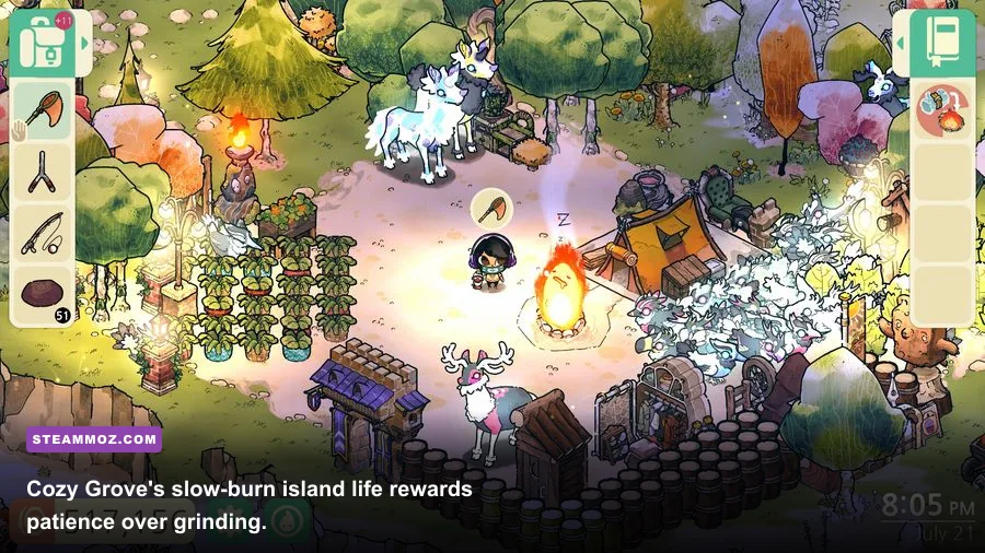 Cozy Grove nighttime campfire scene with ghost companion