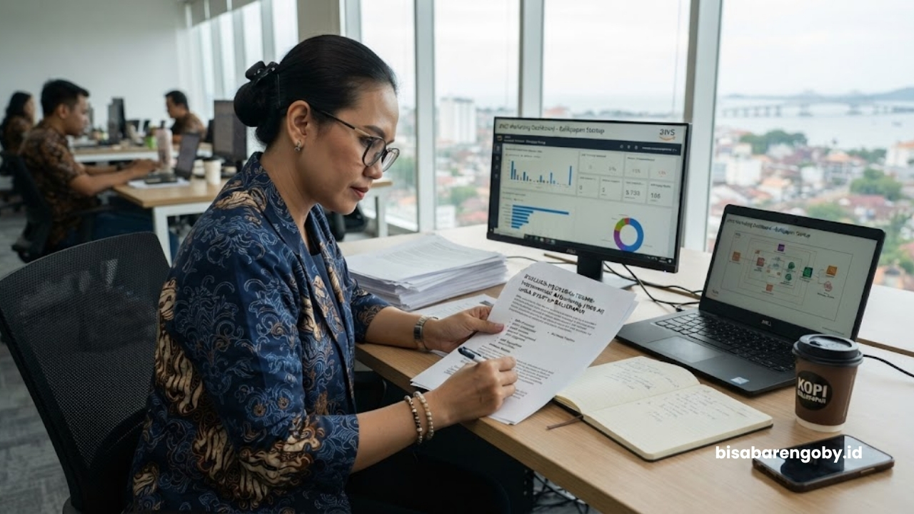 Manajer pemasaran mengevaluasi proposal teknis saat mengeksekusi implementasi AI Marketing untuk startup di Balikpapan berbasis AWS AI
