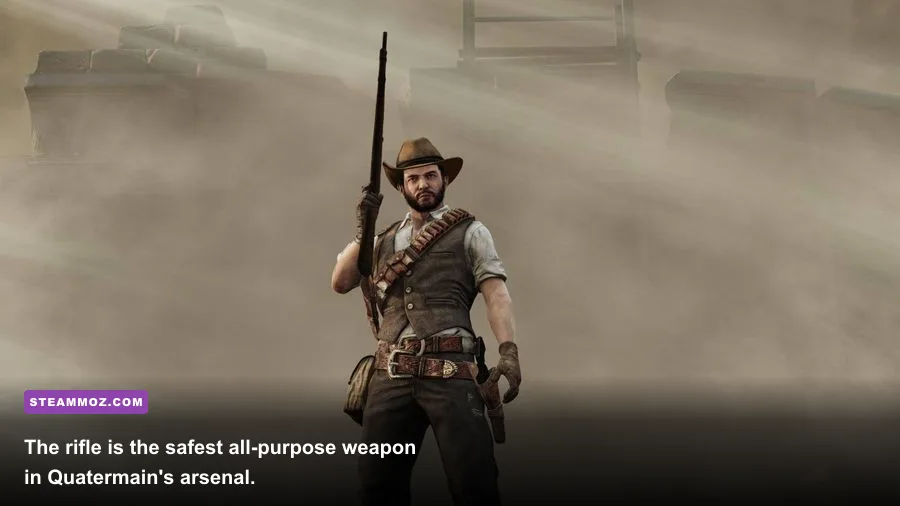 Deadfall Adventures gameplay showing the Lee-Enfield rifle aimed at an enemy in temple ruins