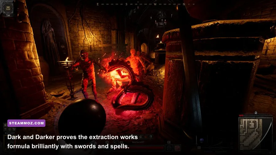 Dark and Darker adventurers battling monsters in a torchlit dungeon