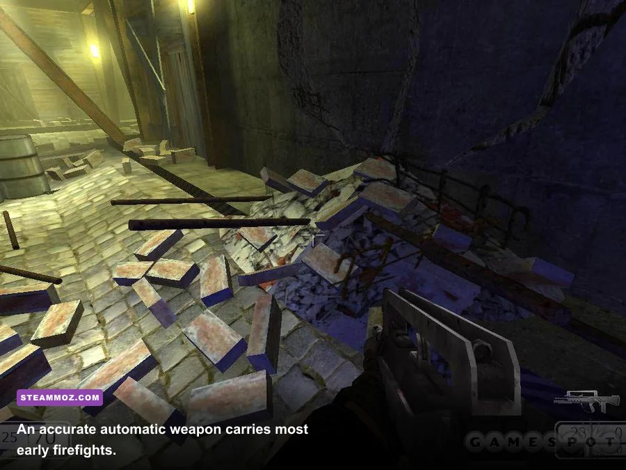 John Chaser using an assault rifle against enemies inside a Mars facility