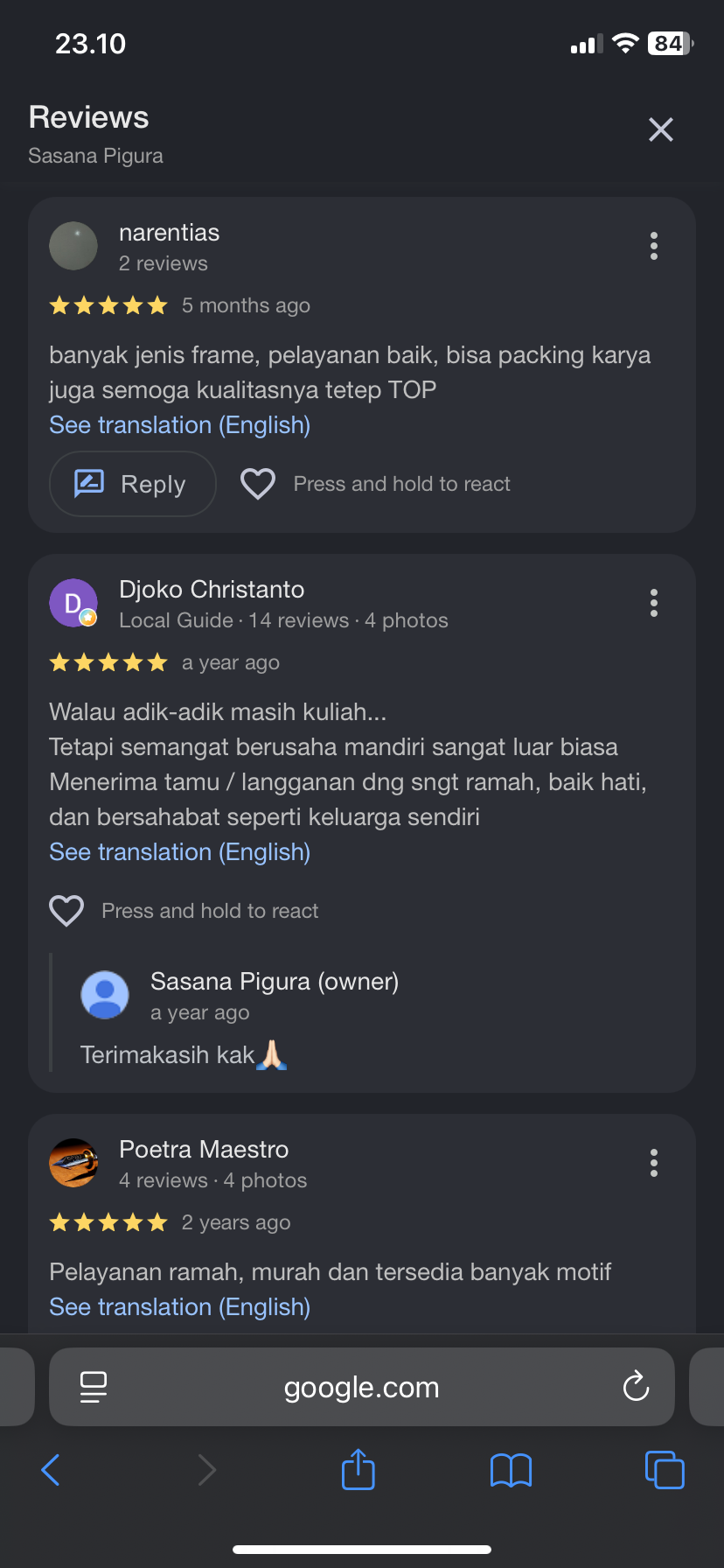 Screenshot testimoni WhatsApp customer Sasana Pigura 10