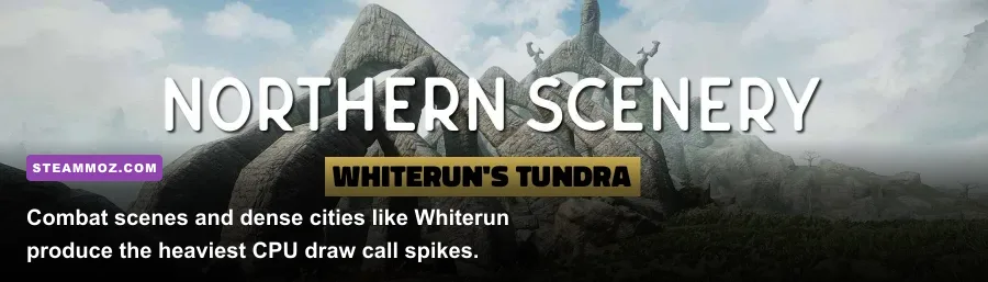 Dragon combat encounter outside Whiterun showing dynamic frame rate performance