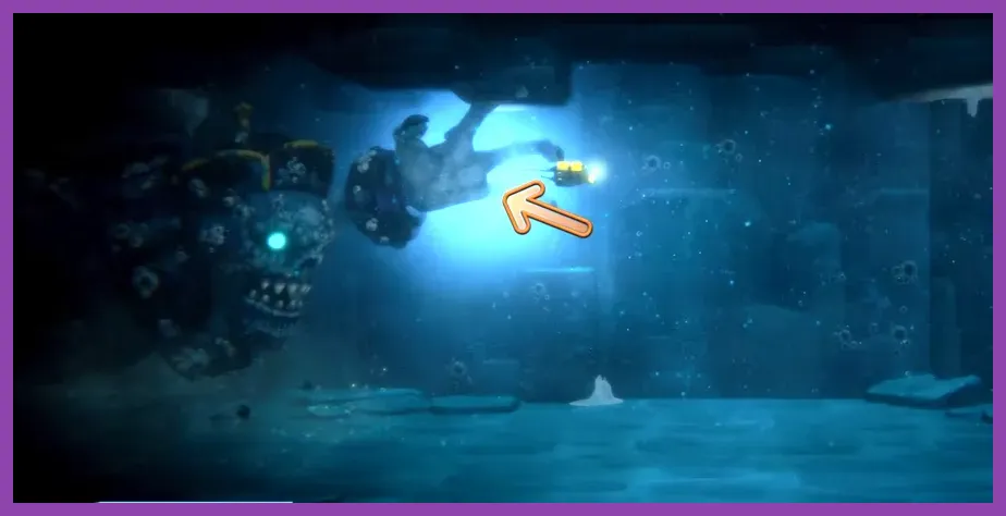 Dave fighting an underwater boss in the Blue Hole