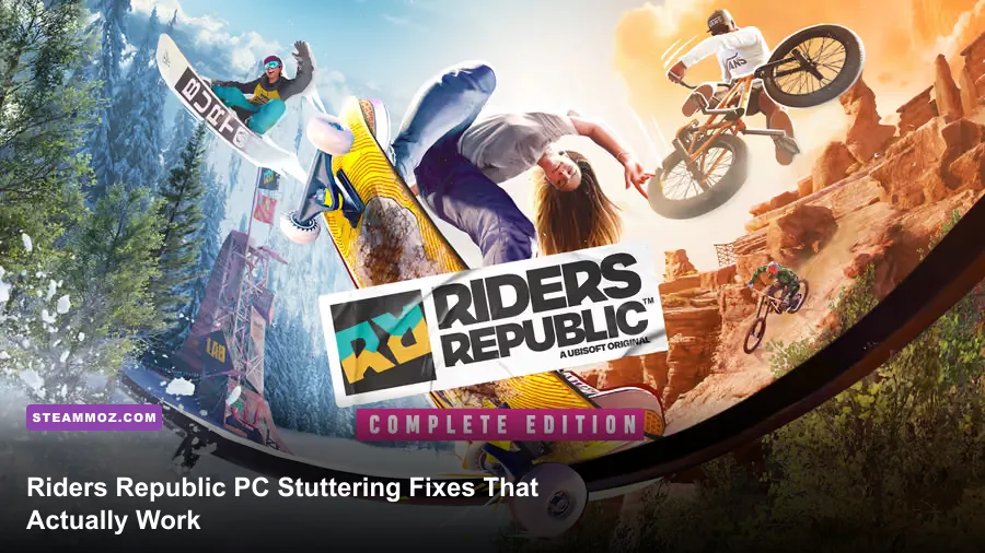 Riders Republic PC gameplay during a high-speed mountain race