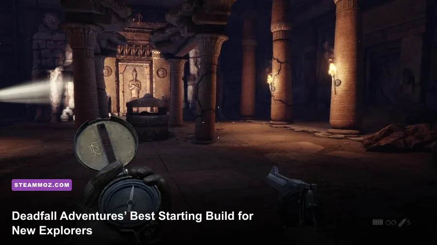 James Lee Quatermain exploring an ancient temple in Deadfall Adventures