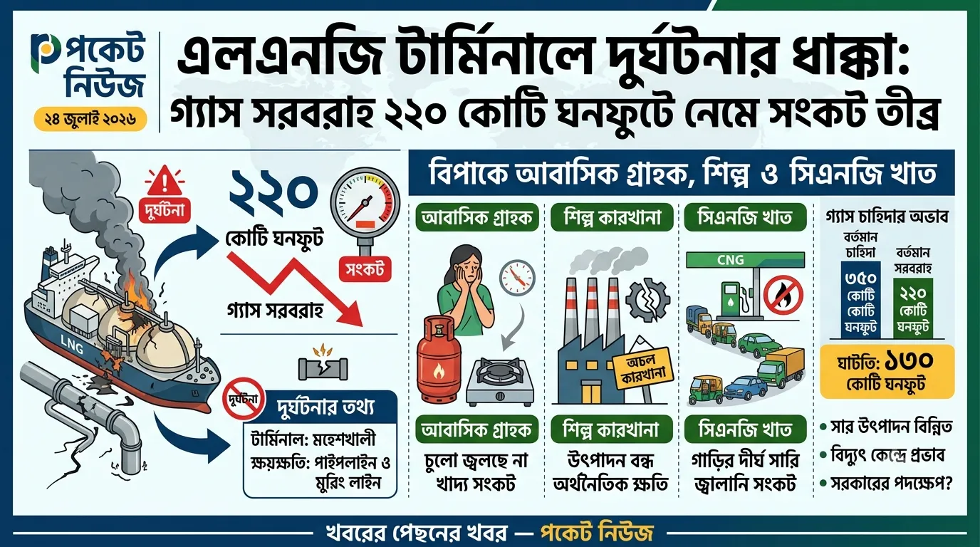 এলএনজি টার্মিনালে দুর্ঘটনার ধাক্কা: গ্যাস সরবরাহ ২২০ কোটি ঘনফুটে নেমে সংকট তীব্র, বিপাকে আবাসিক গ্রাহক, শিল্প ও সিএনজি খাত এলএনজি টার্মিনালে দুর্ঘটনার ধাক্কা: গ্যাস সরবরাহ ২২০ কোটি ঘনফুটে নেমে সংকট তীব্র, বিপাকে আবাসিক গ্রাহক, শিল্প ও সিএনজি খাত