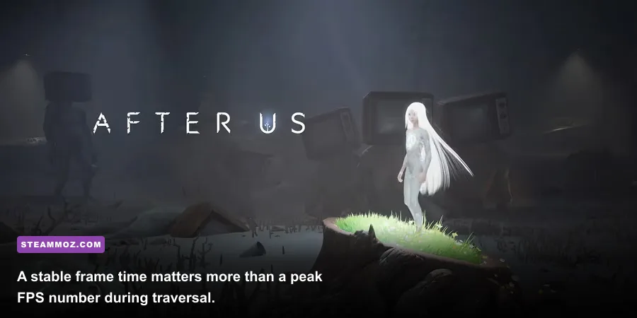 Gaia standing in a surreal After Us landscape on PC