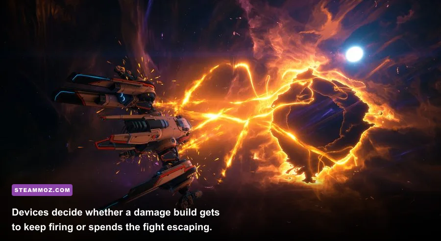 EVERSPACE 2 ship using EMP Generator and Teleporter devices in combat