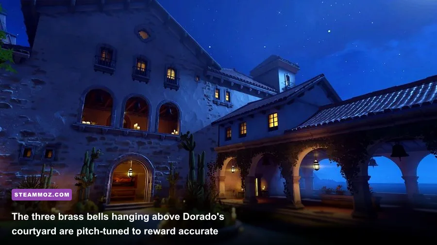 Dorado town square showing the three tuned church bells and hacking terminals in Overwatch