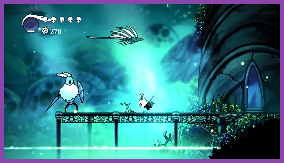 Hollow Knight gameplay showing the Knight with nail equipped in Dirtmouth