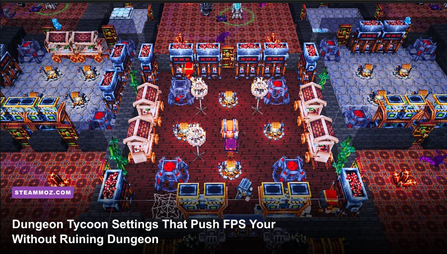 Dungeon Tycoon gameplay showing a fully built dungeon with rooms and management interface