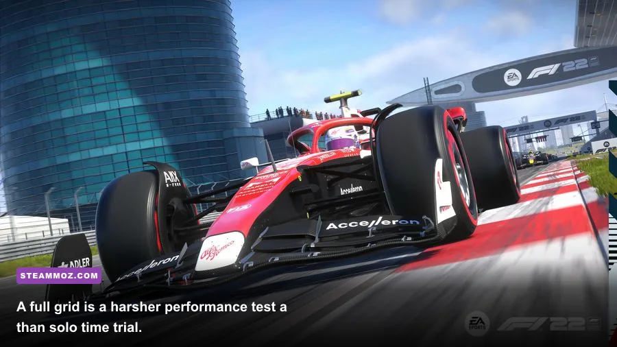 F1 22 career mode race start with a full Formula 1 grid