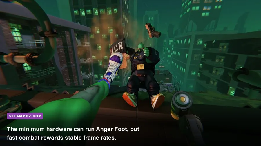 Anger Foot PC gameplay showing a shotgun blast and flying enemy in Sludge City